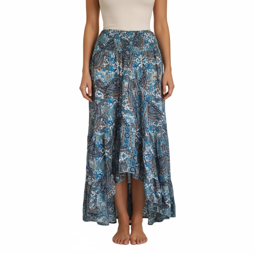 Karma Highway Blue Brown Cream Paisley Silky High Low Skirt One Size